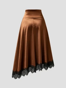 Sweetra Rok Pesta Elegan Ukuran Besar Musim Gugur/Dingin, Bahan Satin Elastis, Hem Asimetris, dan Patchwork Renda - Coklat - View 2