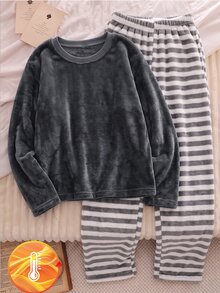 Teen Boy Solid Color Crew Neck Long Sleeve Top And Striped Long Pants Casual Everyday Outfit Autumn - Grey - View 2