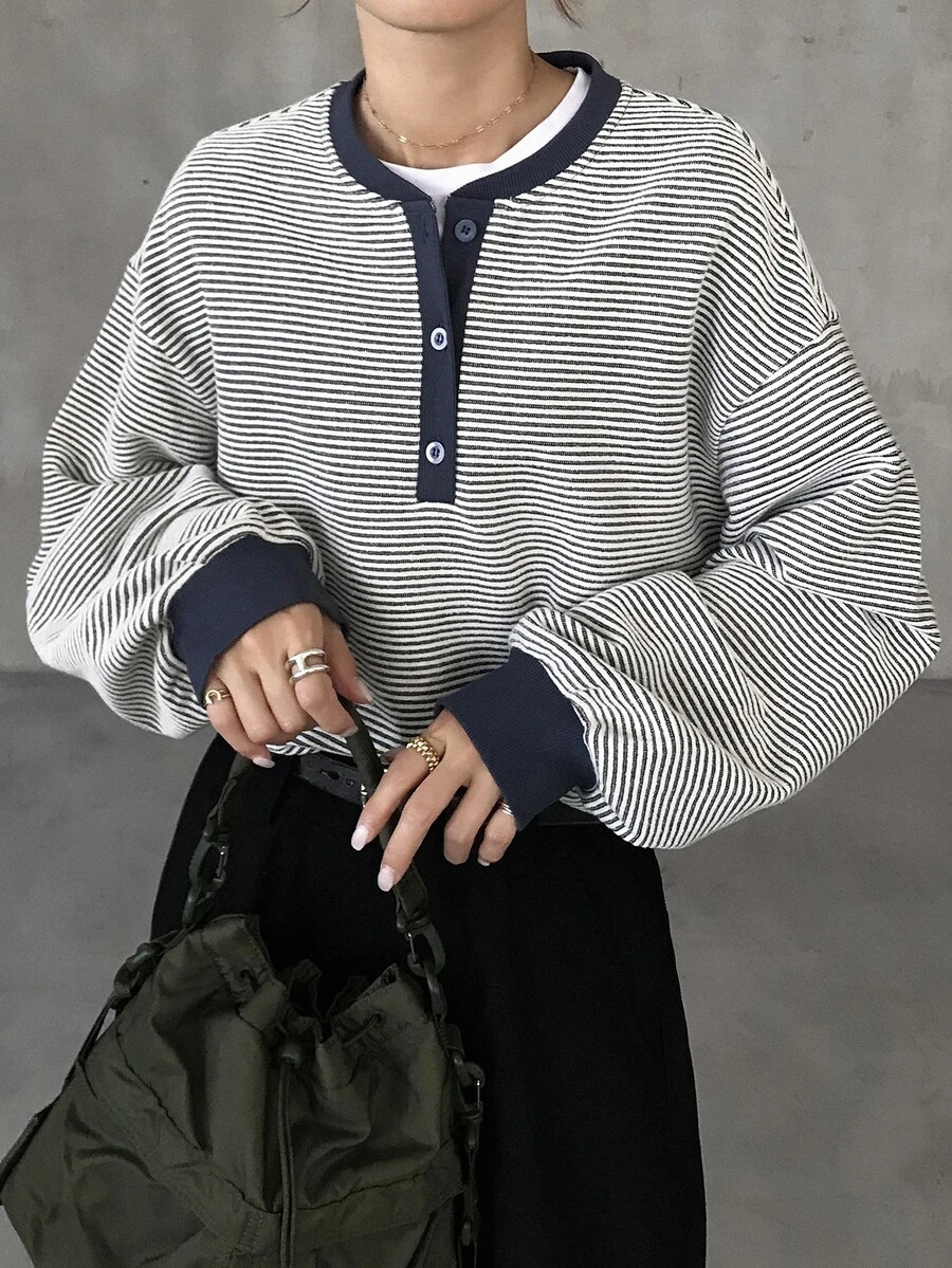 FRIFUL 女款半開襟鈕扣長袖條紋休閒T恤 秋季 - 藍色 - 查看 1