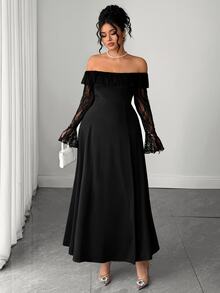 Cravure Plus Size Women's Off-Shoulder Contrast Lace Long Dress Fall - Black - View 6