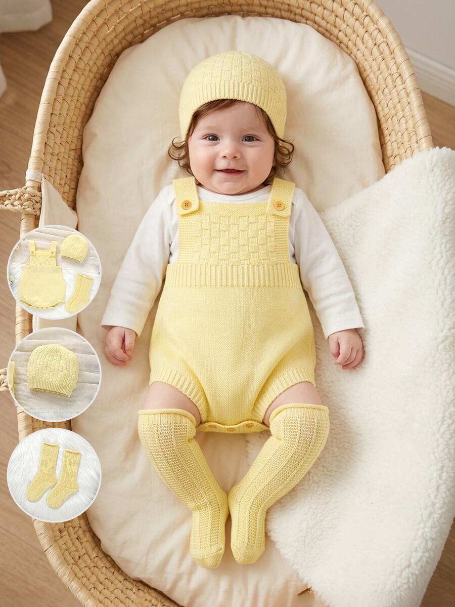 SHEIN Vintaside Kids Newborn Baby Solid Color Button Design Casual Knit Romper - Yellow - View 1