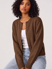SHEIN BASICS Women's Solid Color Long Sleeve Single-Breasted Knit Cardigan - Coffee Brown - View 4