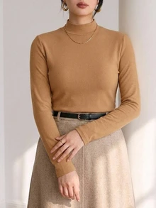 Dazy Plus Solid Color Casual Plus Size Thermal Lined Thickened Mock Neck Versatile Layering Long Sleeve Yellow Autumn/Winter T-Shirt - Yellow - View 5