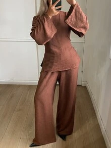 DAZY 女款純色收腰套頭上衣配長袖喇叭袖與直筒長褲，優雅正式度假風春/秋兩件套 - 咖啡棕 - 查看 1