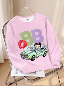 Betty Boop x SHEIN Plus Size Women's Letter Print Crew Neck Long Sleeve Casual Sweatshirt - White - View 9