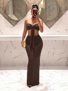 Slaydiva Elegant Spring/Summer Beach Vacation Look: A Tie-Front Strapless Mesh Leopard Print Top And A Fishtail Fitted Maxi Skirt. Also Includes A Women's Leopard Print Semi-Sheer Leopard Print Suit - A - Rust Brown - View 5