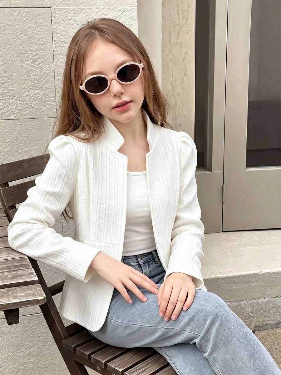 SHEIN Elladie kids 女童白色粗花呢立領短版夾克，泡泡長袖，開襟式設計，修身收腰，圓弧下擺，紋理條紋針織面料，休閒通勤風