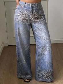 Dazy Plus Plus Size Women's Autumn Gradient Leopard Print Washed Blue Loose Straight Leg Wide Leg Casual Streetwear Denim Jeans - Medium Wash - View 1