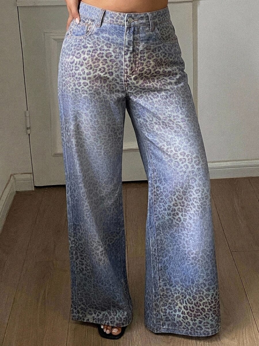 Dazy Plus Plus Size Women's Autumn Gradient Leopard Print Washed Blue Loose Straight Leg Wide Leg Casual Streetwear Denim Jeans - Medium Wash - View 1