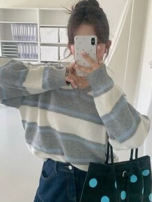 Dazy Plus Contrast Stripe Loose Long Sleeve V-Neck Casual Vintage Pullover Knit Sweater, Autumn/Winter - Grey - View 8