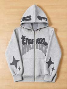 SHEIN Coolqubz 青少年男孩連帽街頭風 Y2K 字母印花萬聖節運動衫 - 灰色 - 查看 1