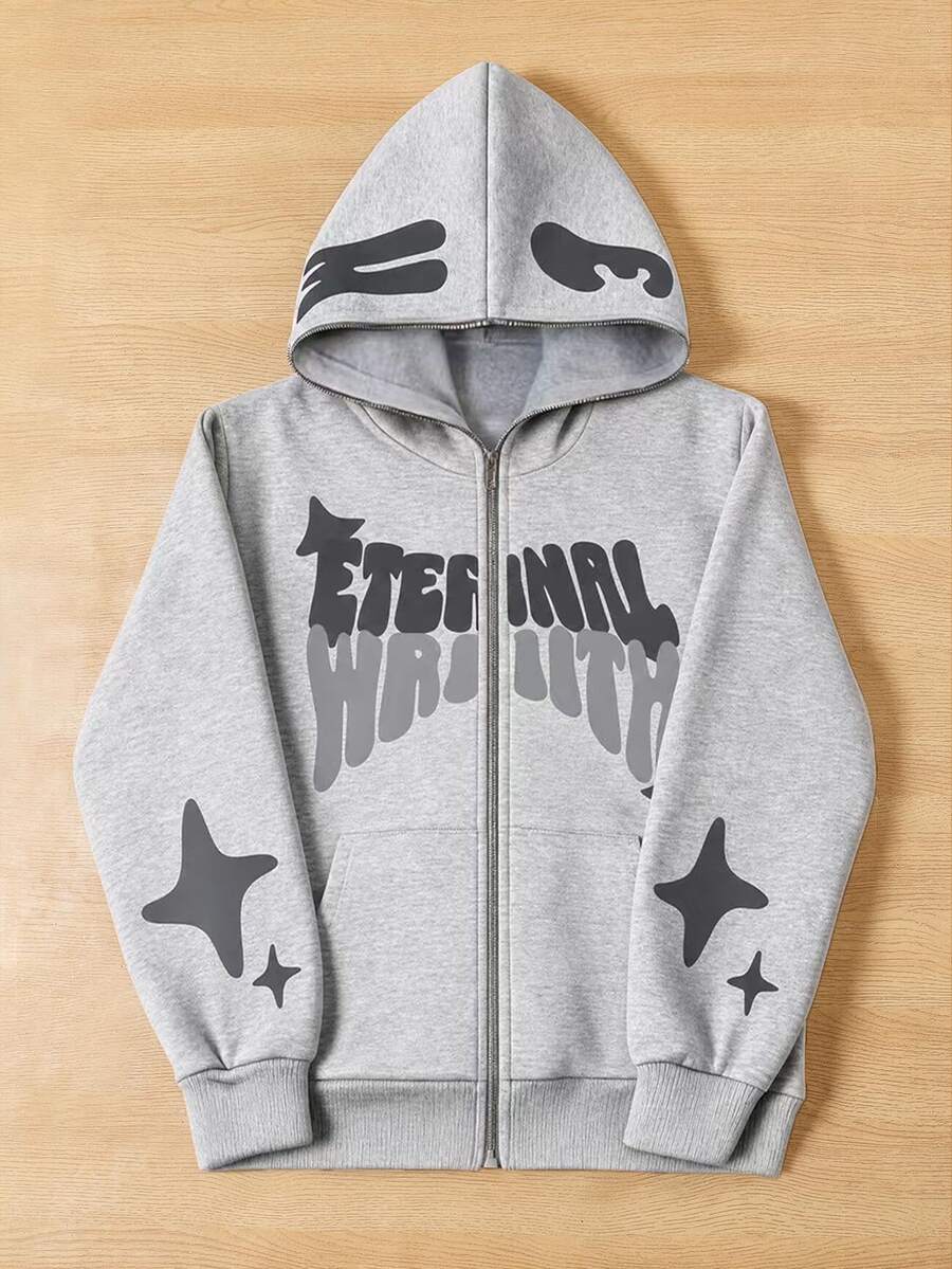 SHEIN Coolqubz 青少年男孩連帽街頭風 Y2K 字母印花萬聖節運動衫 - 灰色 - 查看 1