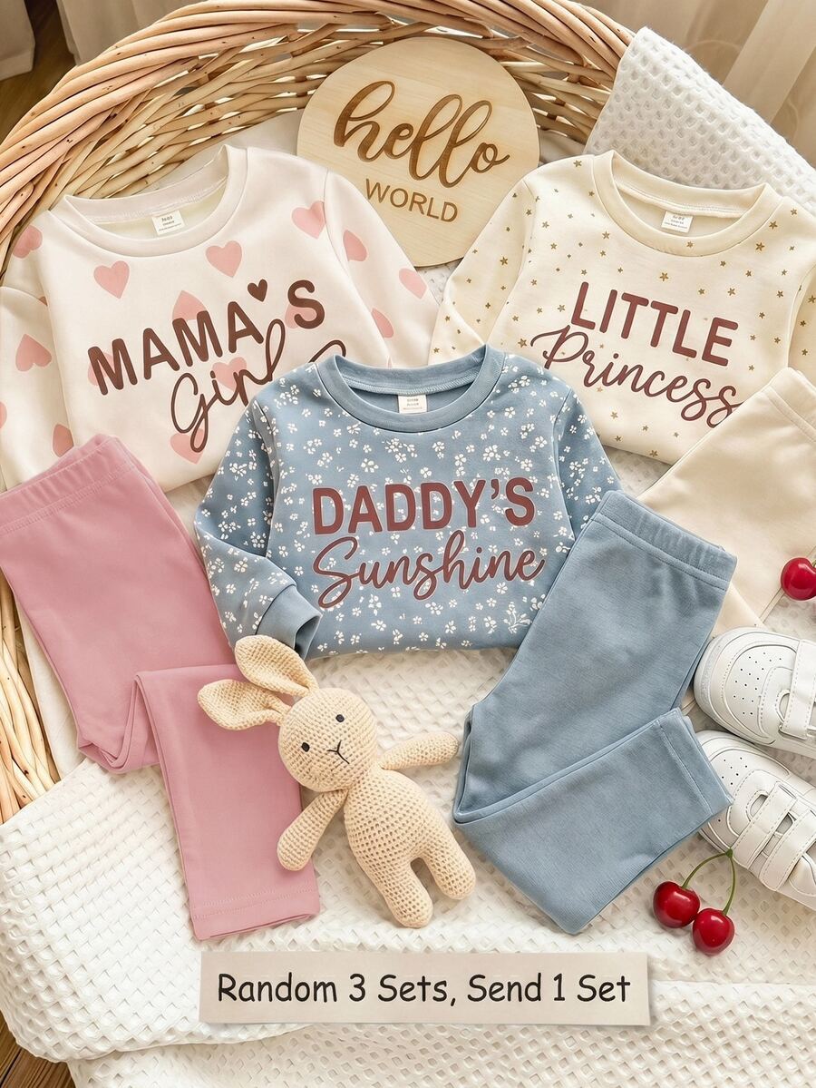 珊瑚粉 可愛愛心字母 Mama'girl❤ 嬰兒女童休閒舒適柔軟加厚保暖圓領長袖衛衣與內搭褲套裝,適合秋冬日常穿著,舒適時尚 - 彩色 - 查看 1