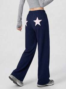 DAZY Celana Olahraga Wanita Motif Bintang Model Lurus untuk Musim Gugur - Navy Blue - View 8