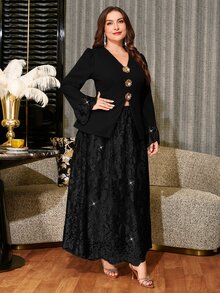 Reflora Plus Size Elegant Party Metallic Decor Top & Embroidered Mesh Skirt 2 Pieces Set - Black - View 6