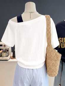 Lalippa Women's Cold Shoulder Loose Fit T-Shirt, Spring/Summer Vacation Beach, Elegant Romantic Casual Suitable For Commute And Date, Y2K Style - White - View 2