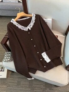 GlowEve CURVE Women's Autumn New Single Piece Round Neck Lace Trim Patchwork Pearl Button Sweet Date Fashion Versatile Knit Daily Commute Lady Loose Short Knit Cardigan Plus Size Top - Coffee Brown - View 3