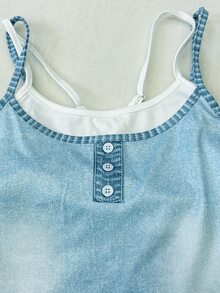 IslaSuriya 春夏女款鈕扣對比色背心與短褲辣妹牛仔效果印花兩件套 - 藍色 - 查看 6