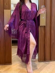 Dazy Plus Autumn New Vacation Charm Jacquard Satin Tassel Decor Robe - Violet Purple - View 2