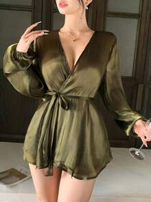 Dazy Plus Green Chiffon Blouse With Asymmetrical Front, Tie Waist, Long Sleeves, Elegant For Wedding And Party - Dark Green - View 2
