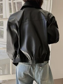 DAZY Jaket Kulit PU Lengan Panjang dengan Kantong Resleting untuk Wanita, Cocok untuk Musim Gugur. - Hitam - View 2