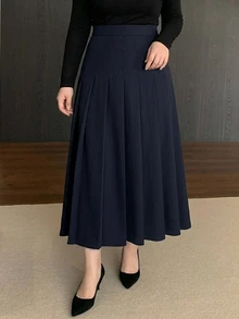 Dazy Plus Pleated Skirt, Versatile Commuter Office Wear, Spring Summer Autumn Mid-Length Skirt - Navy Blue - View 5