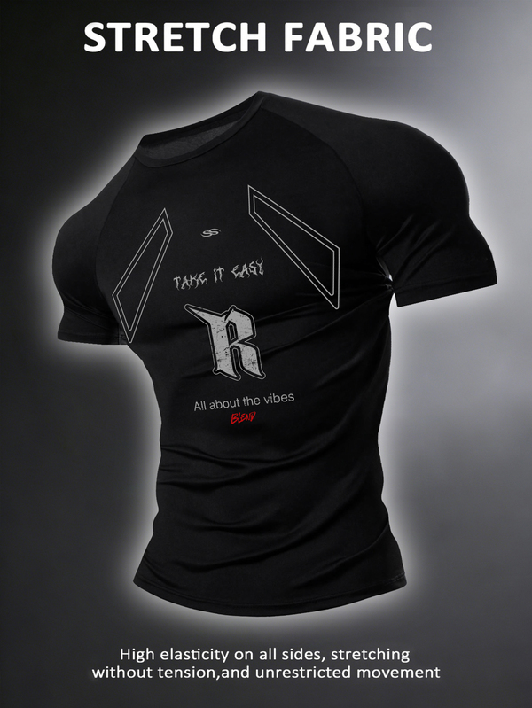 RISE LYT Men's Letter Print Raglan Short Sleeve Casual Fitness Sports T-Shirt