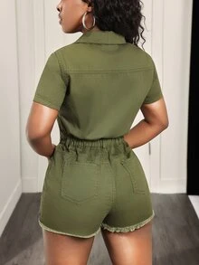 SHEIN VaVaLuxe Women's Distressed Button Short Sleeve Denim Romper For Travel - Army Green - View 2