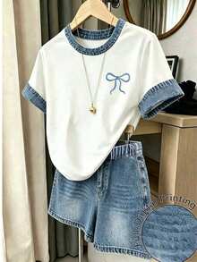 Tween Girl Bow And Denim-Effect Print Contrast Trim Tee & Shorts Set - Multicolor - View 1