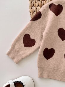 SHEIN Baby Girl Heart Pattern Sweater And Knitted Pants Set - Brown - View 2