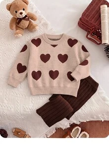 SHEIN Baby Girl Heart Pattern Sweater And Knitted Pants Set - Brown - View 3