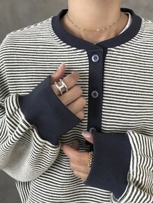 FRIFUL 女款半開襟鈕扣長袖條紋休閒T恤 秋季 - 藍色 - 查看 6