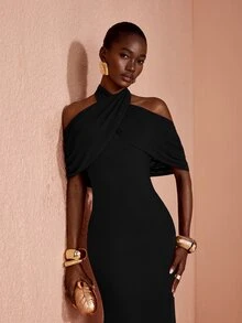 JIAN LASALA Solid Cross Wrap Halter Neck Mermaid Hem Maxi Dress - Black - View 4