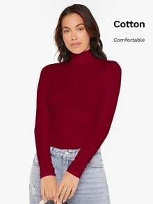 SHEIN BASICS Camisetas de cuello alto de manga larga de punto acanalado ajustadas para mujeres en color negro - Burdeos - Ver 6