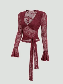 Sweetra Y2K Sexy Lace Deep V-Neck Bell Sleeve Elegant Tie-Front Slimming Top - Burgundy - View 1