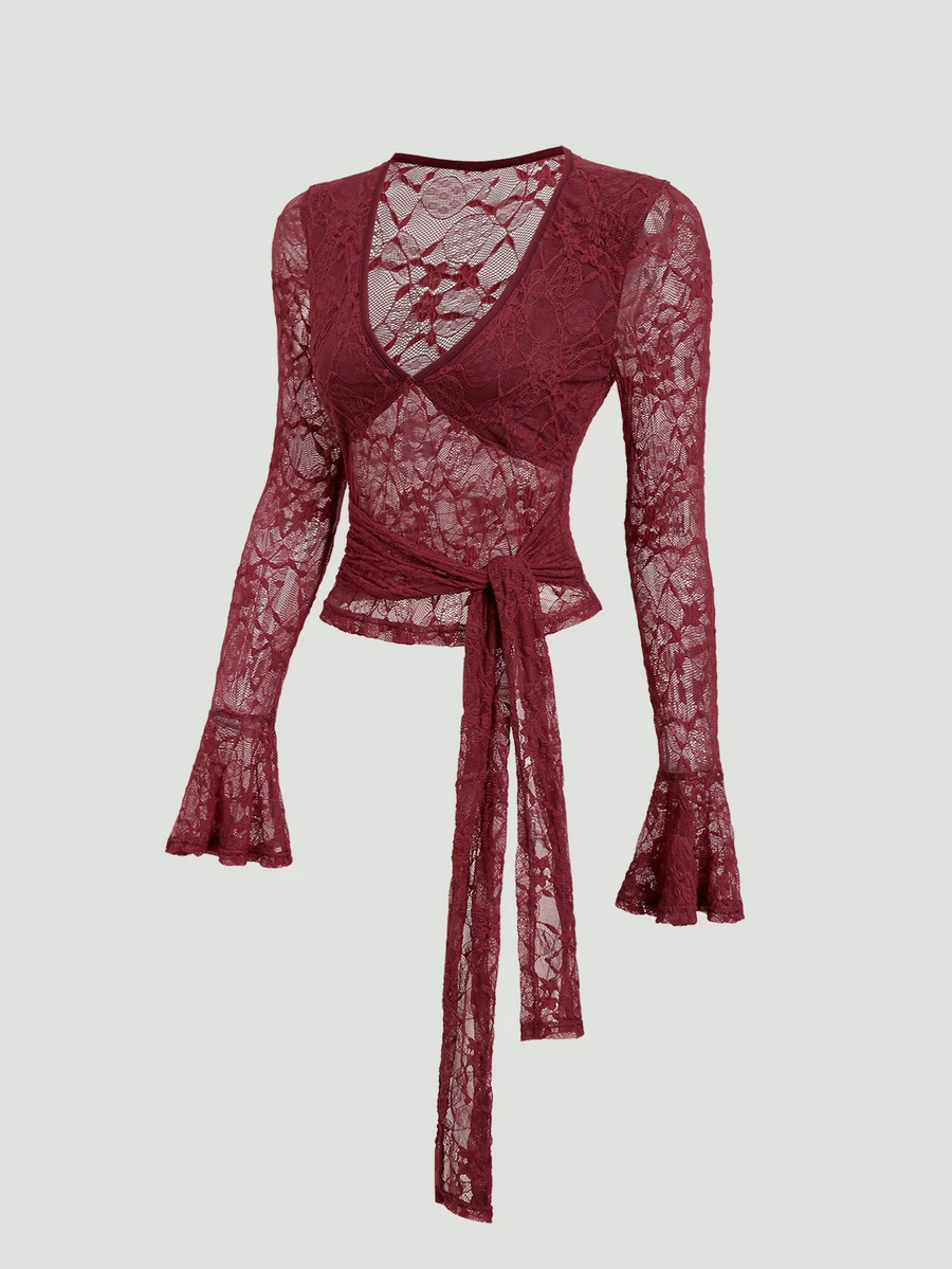 Sweetra Y2K Sexy Lace Deep V-Neck Bell Sleeve Elegant Tie-Front Slimming Top - Burgundy - View 1