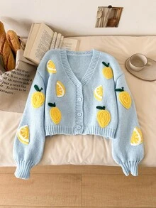 Story & Sage Women's 3D Lemon Decor Casual Versatile Daily Wear Cardigan - Multicolor - View 3