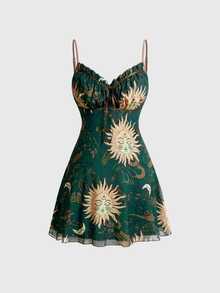 ROMWE Hippie Women's Casual Vacation Sun Print Spaghetti Strap Short Dress - Green - View 1