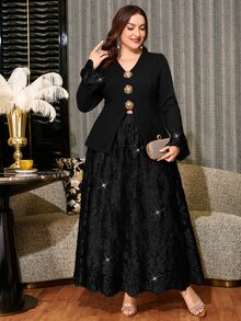 Reflora Plus Size Elegant Party Metallic Decor Top & Embroidered Mesh Skirt 2 Pieces Set - Black - View 3