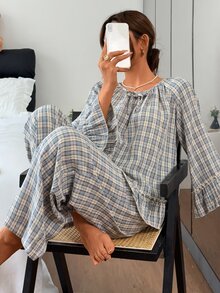 DAZY Women's Plaid Top And Pants Pajama Set Fall - Blue - View 7