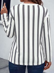 SHEIN LUNE Fashion Vintage Casual Basic Plus Size T-Shirt With Button Design, White Base And Black Vertical Stripe Print - Multicolor - View 2