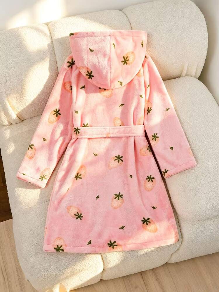 SHEIN Tween Girls Pajamas, New Autumn/Winter Pink Base Red Cherry Print Long Sleeve Hooded Robe, Warm And Comfortable Casual Homewear, Ins Popular Cherry Sweet Style, Suitable For Sister Matching - Baby Pink - View 2