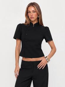 Avantive Women's European & American Vintage Waist-Cinching Cropped Design Top - Black - View 3