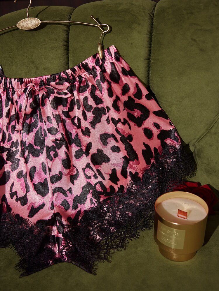 SilkySpell 3pcs/Set Multi-Color Leopard Print Faux Silk Contrast Lace Trim Pajama Pants - Multicolor - View 5