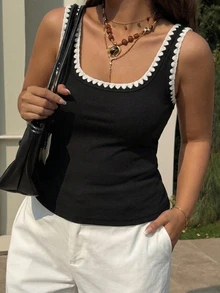 Livesso Holiday Outfit All-Season Black Decorative Contrast Trim Casual Slim Fit Tank Top - Black - View 2