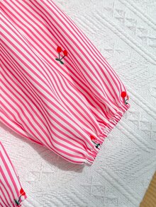 SHEIN 少女可愛時尚休閒百搭翻領條紋水果圖案落肩寬鬆長袖襯衫，學院風，返校季 - 淺粉色 - 查看 5