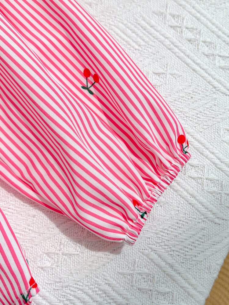 SHEIN Young Girl Young Girl Cute Fashion Casual Versatile Collared Striped Fruit Pattern Drop Shoulder Loose Long Sleeve Shirt, Preppy Style, Back To School Season - Baby Pink - View 5