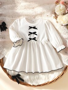 SHEIN Newborn Baby Girls A-Line Dress Sweet Elegant White Black 3D Bow Ribbed Frill Puff Sleeve Round Neck Birthday Party Autumn Winter Fall Soft Ribbing - Beige - View 3