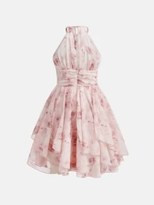 SHEIN Pitira Tween Girl Tween Girls Summer Pink Floral Elegant Halter Neck Sleeveless Asymmetrical Multi-Layer Ruffle Hem Dress, Party, Graduation - Pink - View 2