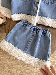 Baby Girl Autumn/Winter Blue Denim Fleece Trim Loose Short Jacket & Skirt 2-Piece Set - Blue - View 4